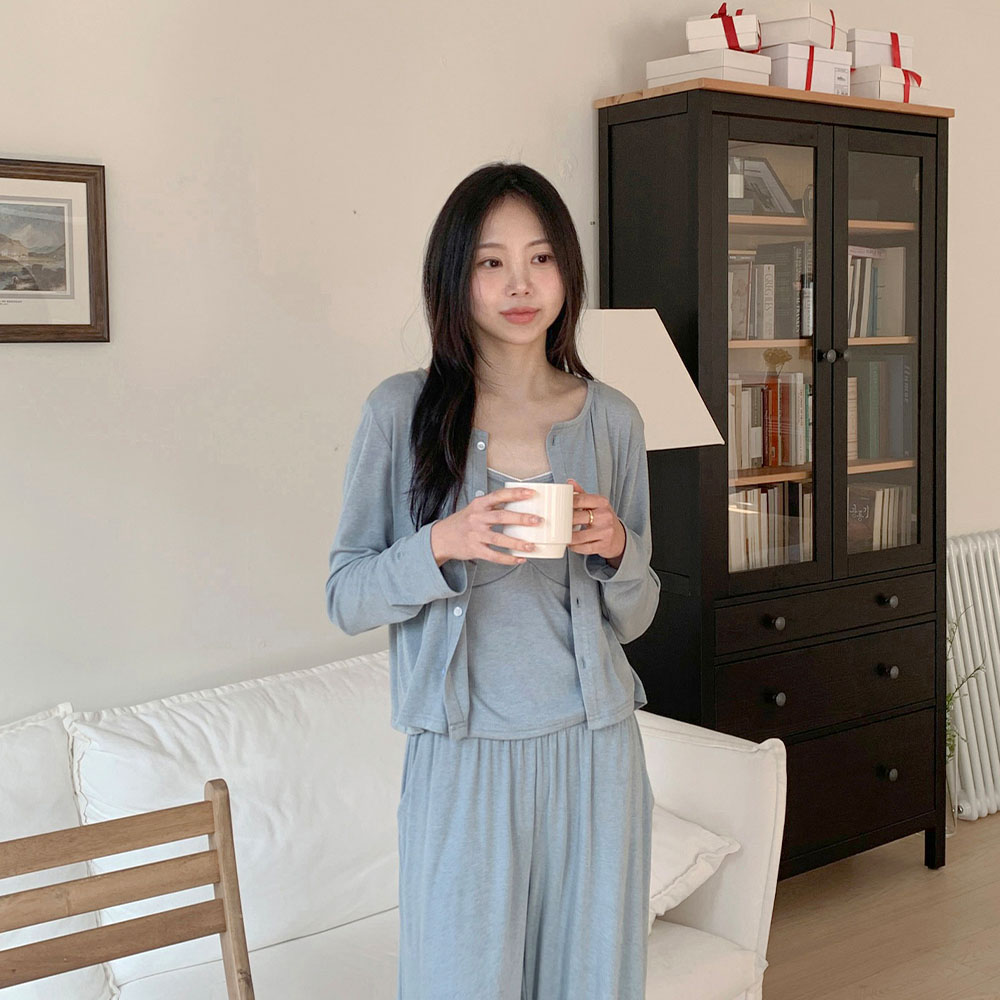 브리즈 긴팔 파자마 캡내장 쓰리피스 잠옷세트 2color - 상품 이미지