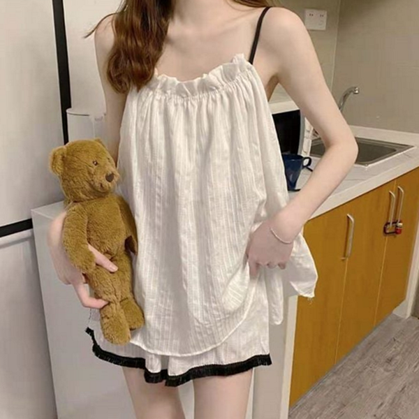 레이스 여성 프릴 파자마 투피스 여성 나시 파자마 여름 잠옷 - 상품 이미지