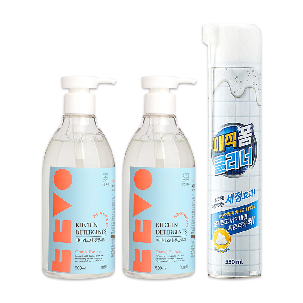 일상콕콕 베이킹소다 주방세제 본체 오렌지향 500ml 2개 + 매직폼 클리너 멀티 세정제 550ml 증정 - 상품 이미지