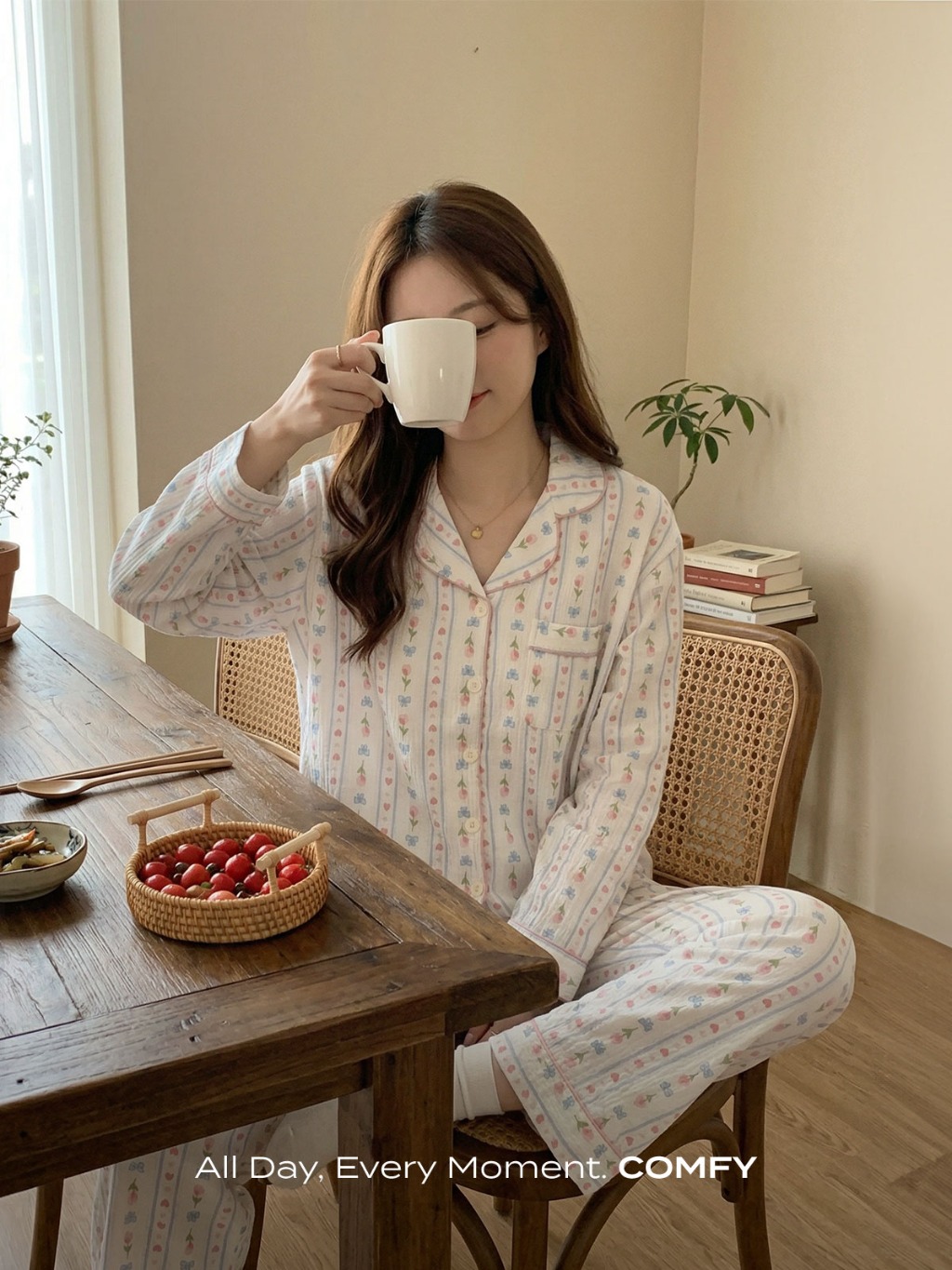 캡내장 투피스 잠옷세트 셔츠형 파자마 노브라 홈웨어 소프티캡 여성파자마 - 상품 이미지