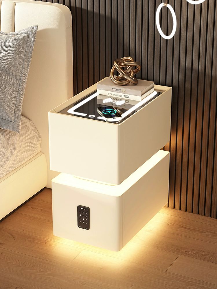 무선충전 LED 협탁 화이트 탁자 선반 무드등 사이드 베이지화이트 락 비밀번호 잠금장치 포함 완제품 조립 완료 (설치불필요바로사용가능) 30x40x48cm - 상품 이미지