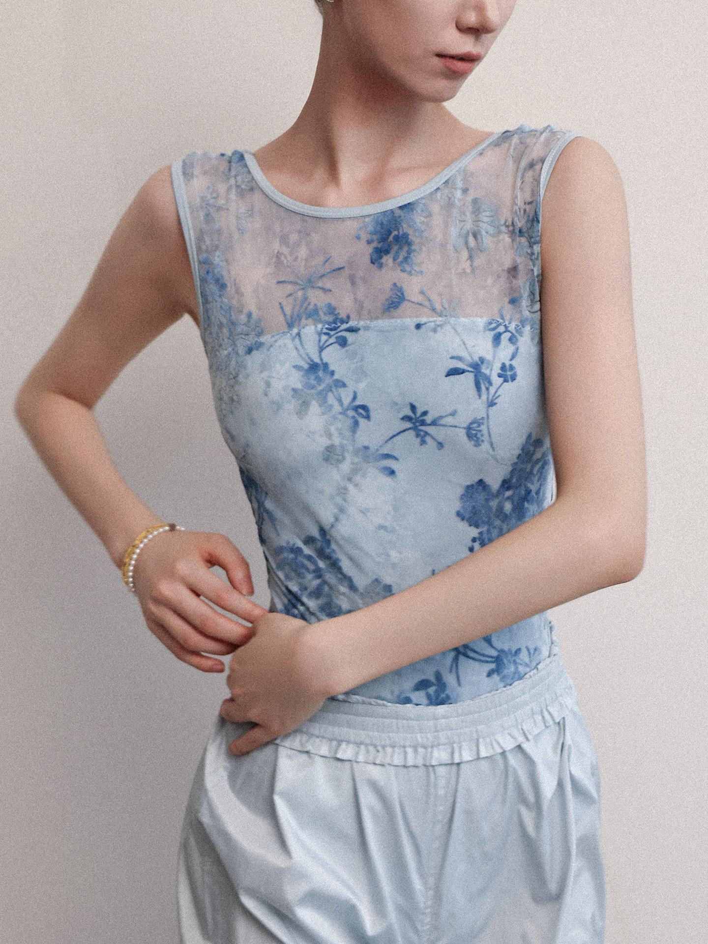 발레복 타이다이 레오타드 플라워 메쉬 블루 S - 상품 이미지