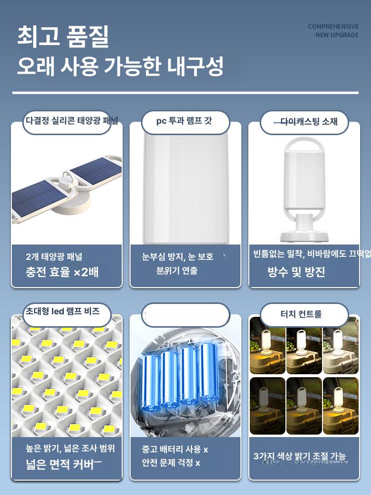led 캠핑프 랜턴 무선 텐트 태양광 충전 조명 등 충전식 실내등 캠핑조명 작업등 캠핑 - 상세 이미지 4