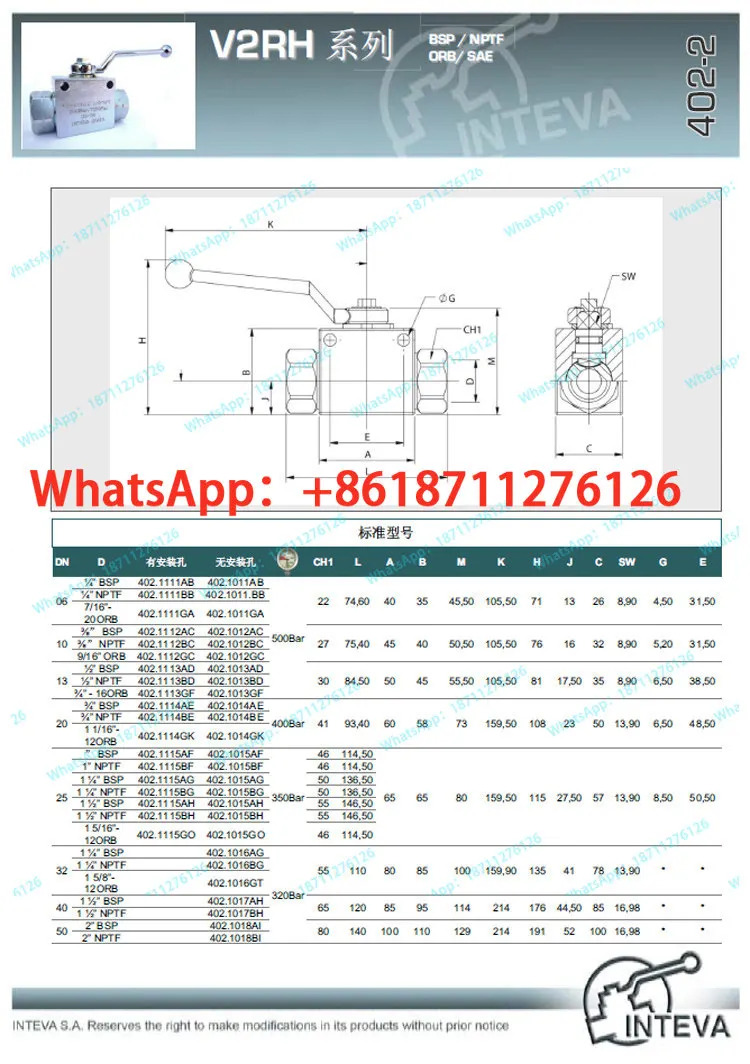 오리지널 INT 유압 V2RH 402 시리즈 수동 고압 볼 밸브