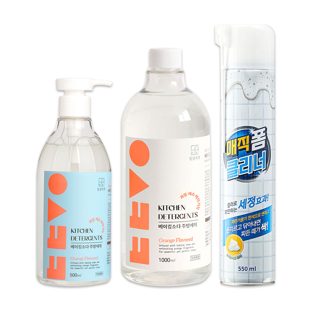 일상콕콕 베이킹소다 주방세제 본체 오렌지향 500ml 1개 + 교체 1000ml 1개 + 매직폼 클리너 멀티 세정제 550ml 증정 - 상품 이미지