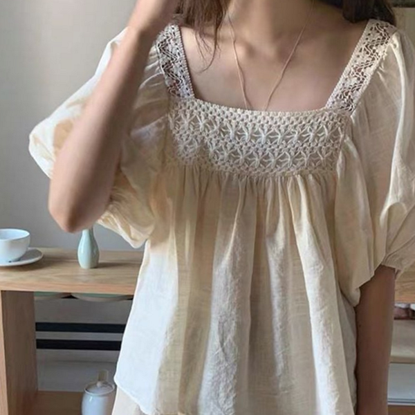 데일리룩 여성 스퀘어넥 블라우스 루즈핏 여성 펀칭 블라우스 러블리 여름 - 상품 이미지