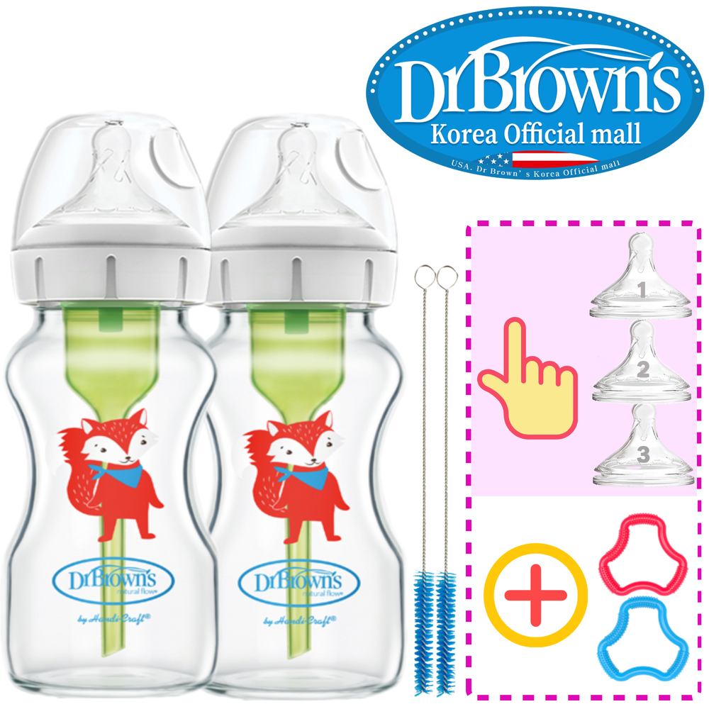 닥터브라운 오피셜 / 유리데코 젖병 와이드넥 270ml 2개,꼭지교체 / 치발기 옵션선물