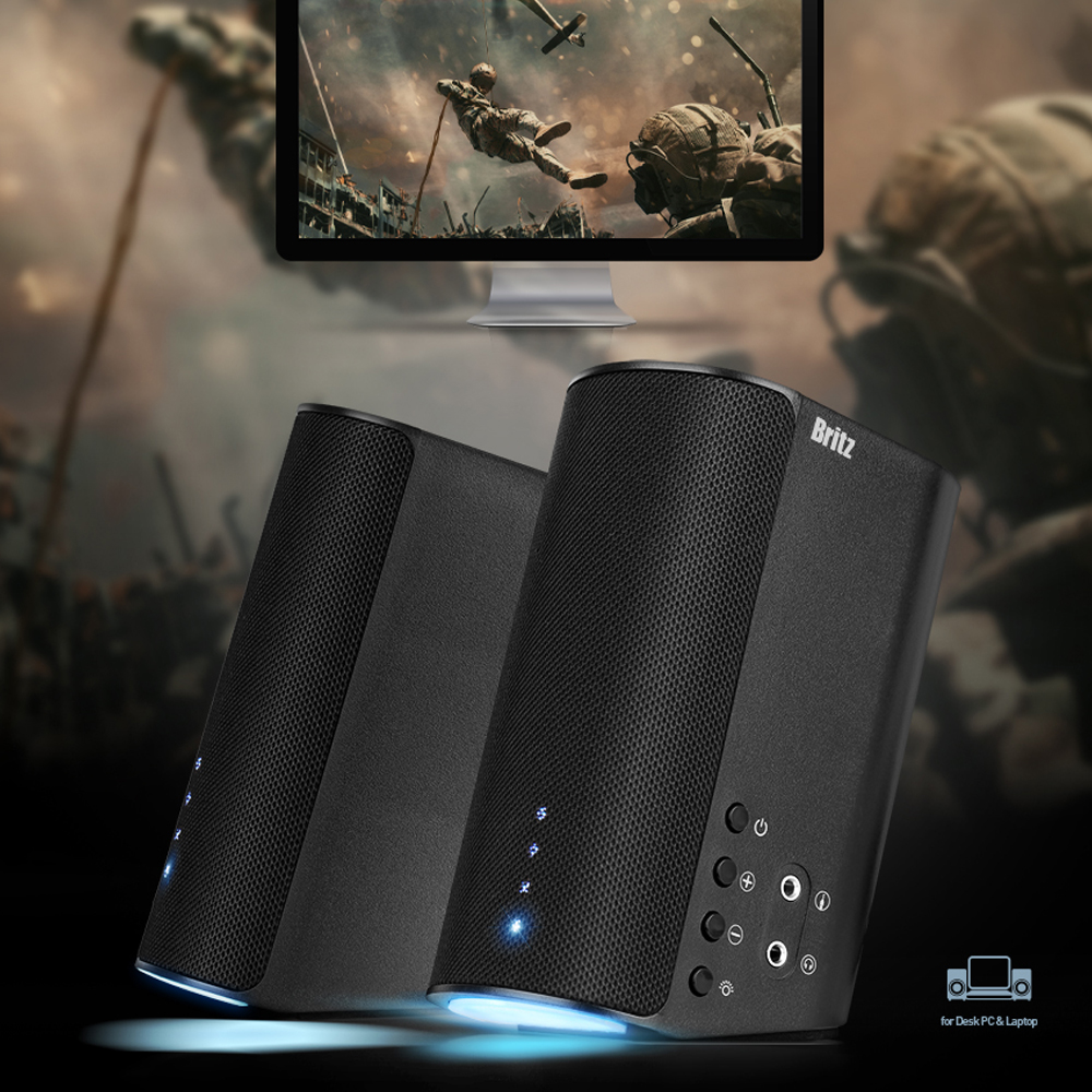 브리츠 2채널 USB 북쉘프 데스크 게이밍스피커 LED 조명 AUX PC 유선 스피커 - 상세 이미지 3