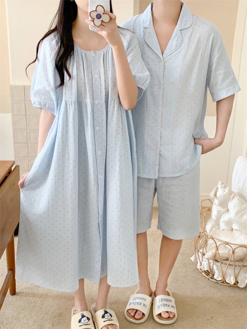 순면 반팔 커플잠옷 반바지 신혼 도트 홈웨어 원마일웨어 파자마 여름 - 상세 이미지 2