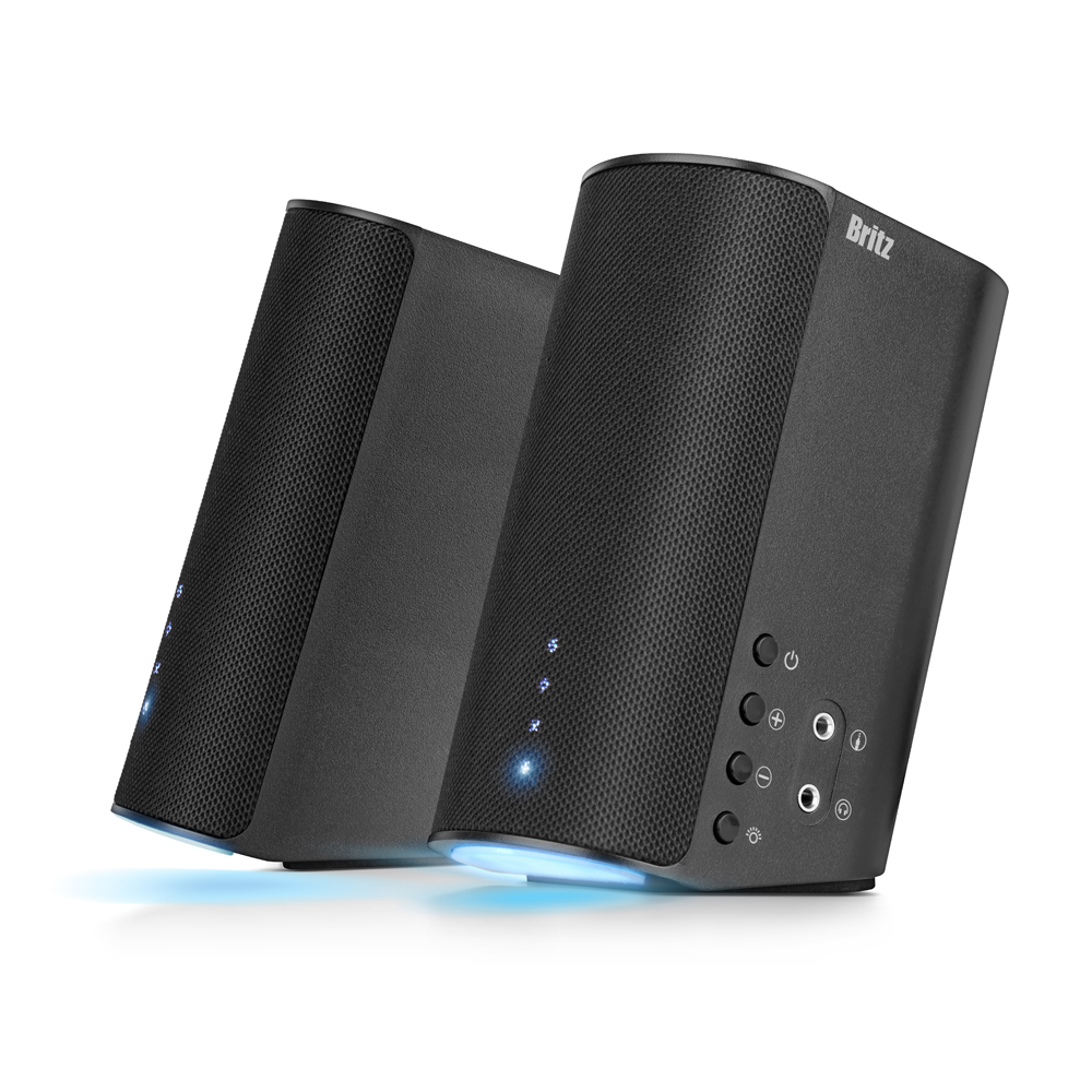 브리츠 2채널 USB 북쉘프 데스크 게이밍스피커 LED 조명 AUX PC 유선 스피커 - 상품 이미지