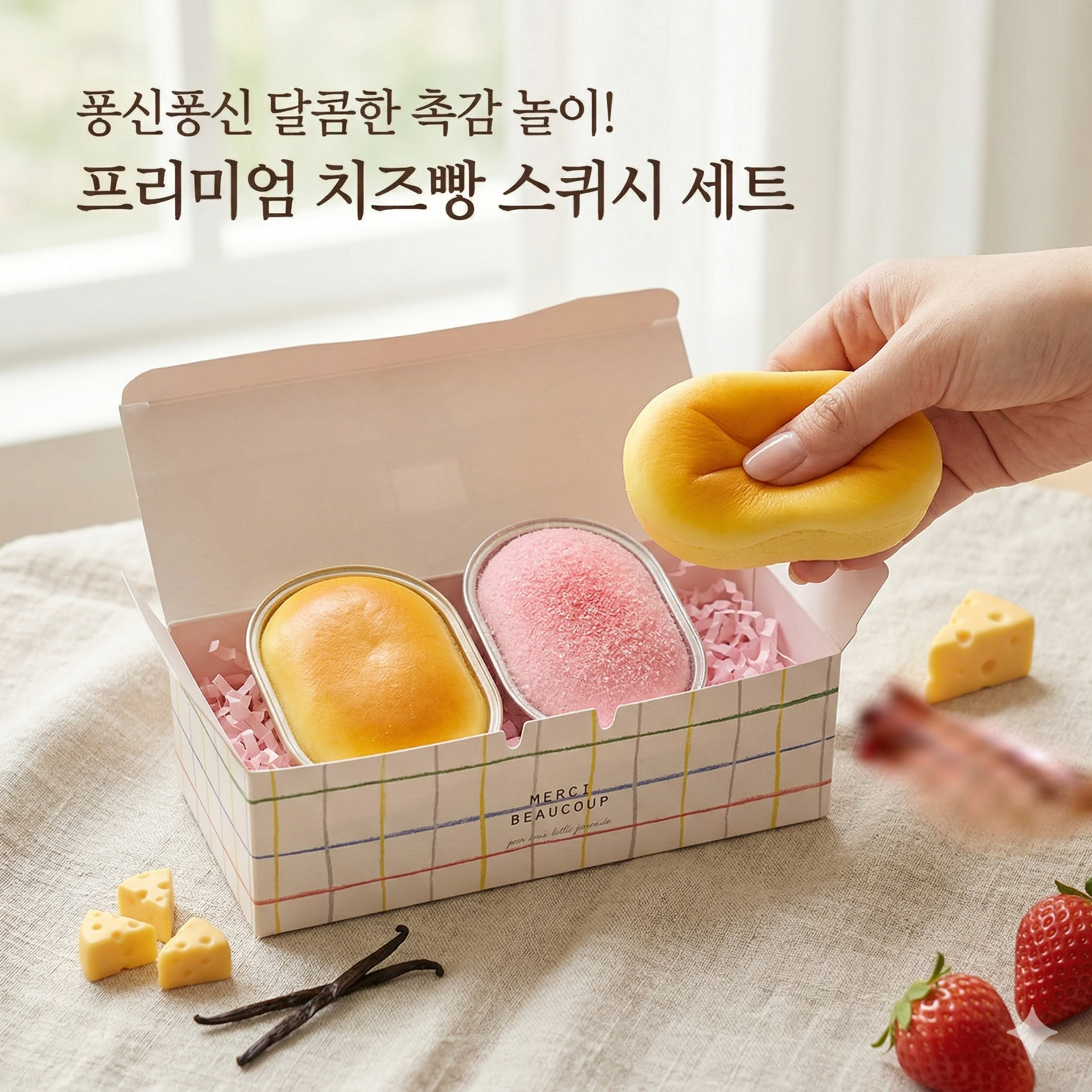 치즈빵 딸기치즈빵 스퀴시 세트 말랑이 쫀득 말랑 힐링템 슬로우라이징 - 상세 이미지 5