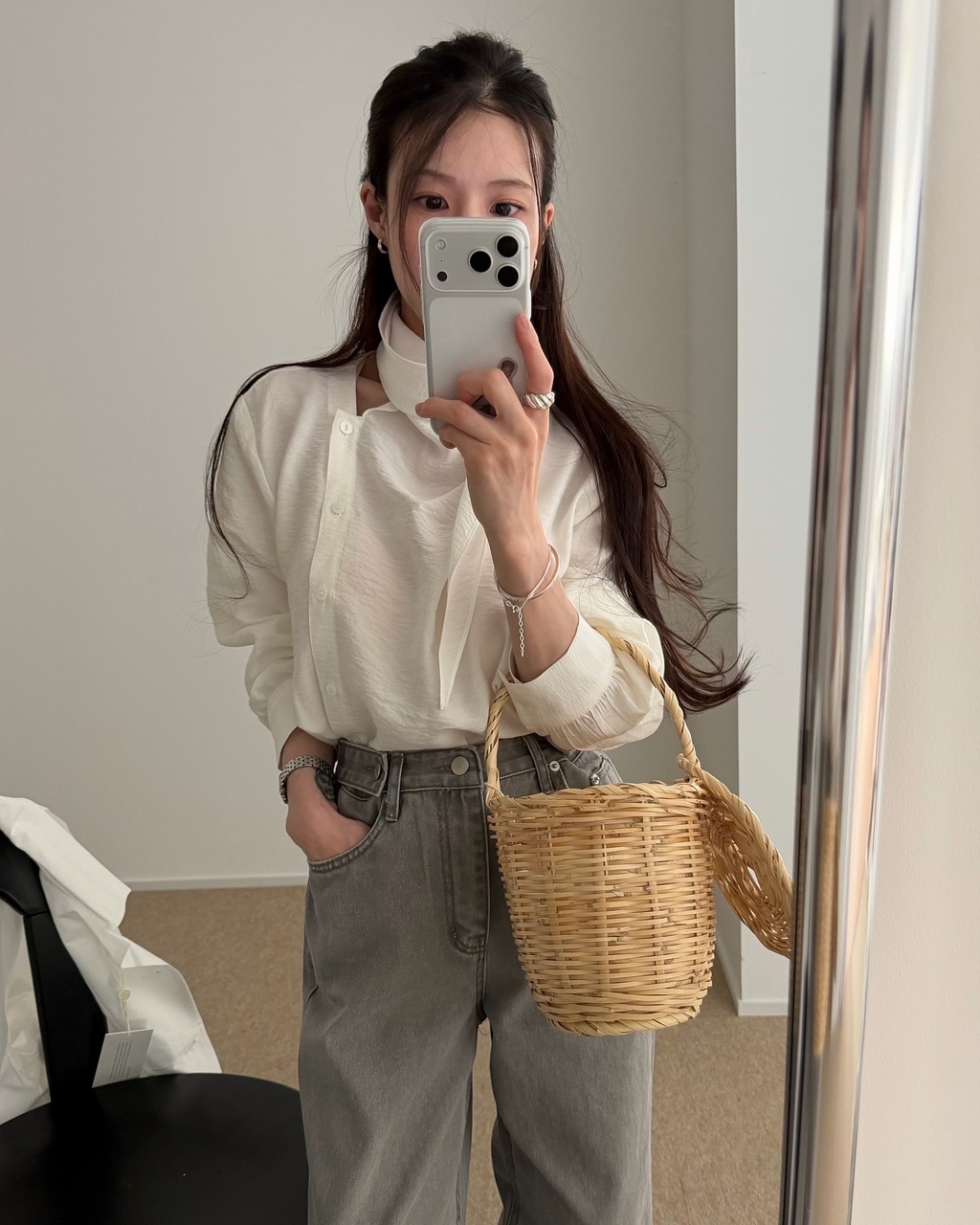 핀디 여성 봄 레이어드 이너 타이 스카프 오버핏 루즈핏 언발 블라우스 - 상세 이미지 2