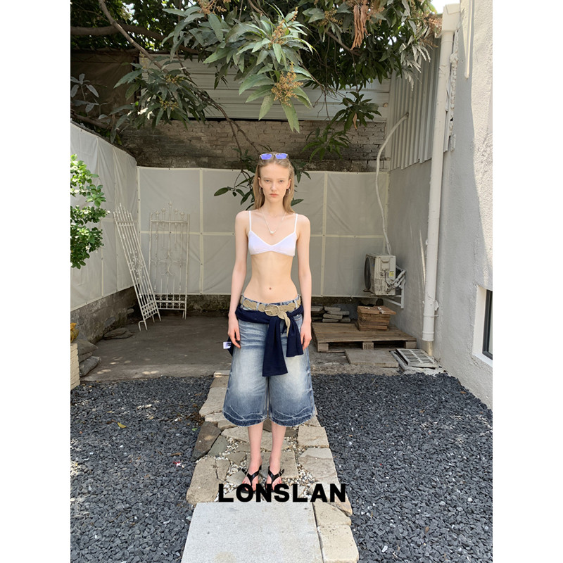 LONSLAN 론슬란 데님 와이드팬츠 버뮤다 7부 청바지 여성 반바지 - 상세 이미지 2