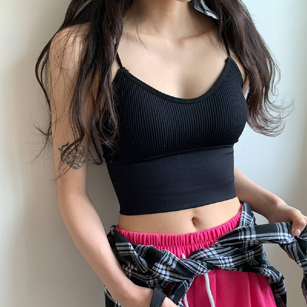 골지 노브라 캡내장 브라탑 슬리브리스 나시 이너 크롭 탑 티셔츠 - 상품 이미지