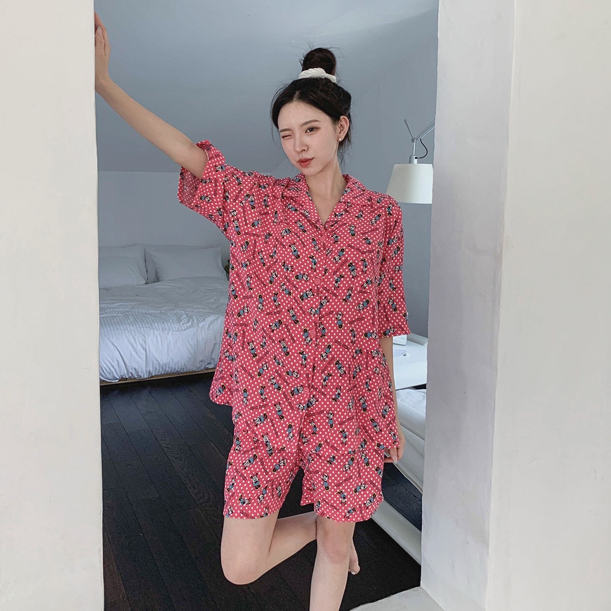 디즈니 도트미니반팔잠옷세트 핑크 여자 반바지 여름 파자마 홈웨어 선물 커플 - 상품 이미지