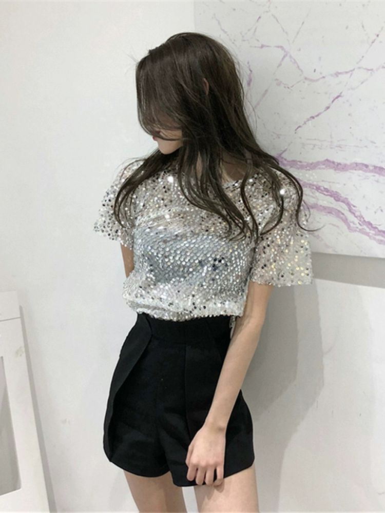 시스루 스팽글 티셔츠 라운드넥 무대의상 반짝이 반팔 S 실버화이트 S - 상세 이미지 3