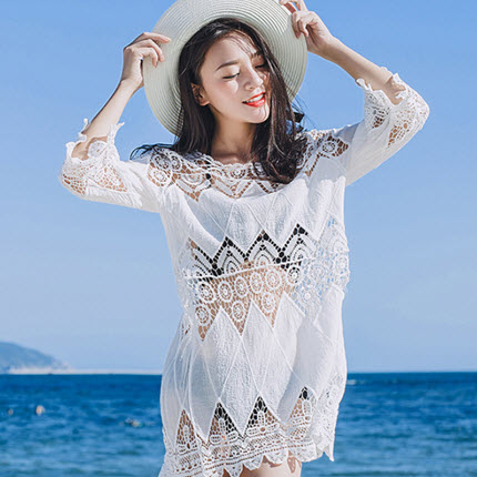 비키니 커버업 여름 펀칭 레이스 시스루 원피스 비치웨어 체형커버 - 상세 이미지 2