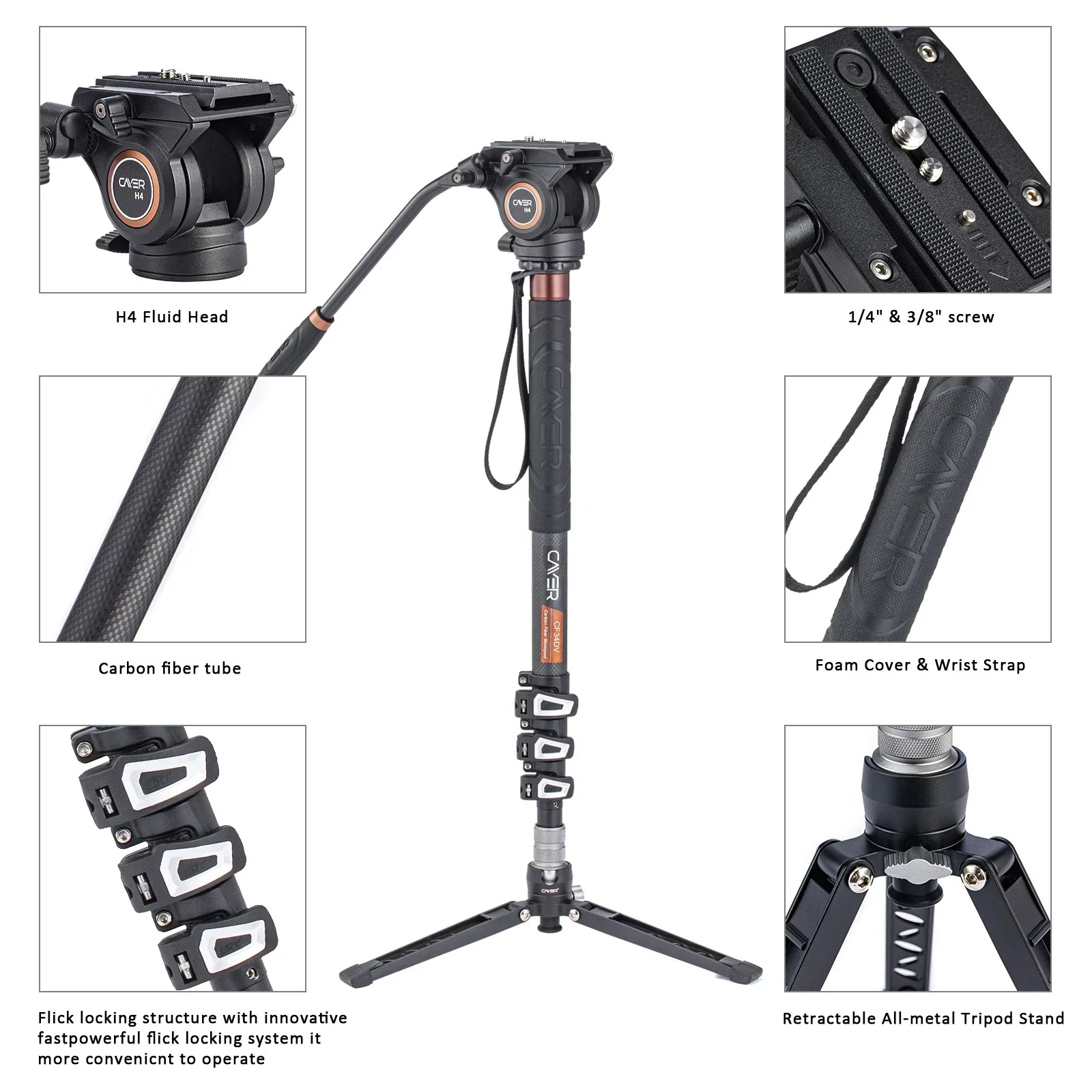 Cayer CF34DVH4 탄소 섬유 카메라 비디오 모노포드호환 키트SLR DSLR 디지털 카메라유체 헤드 포함
