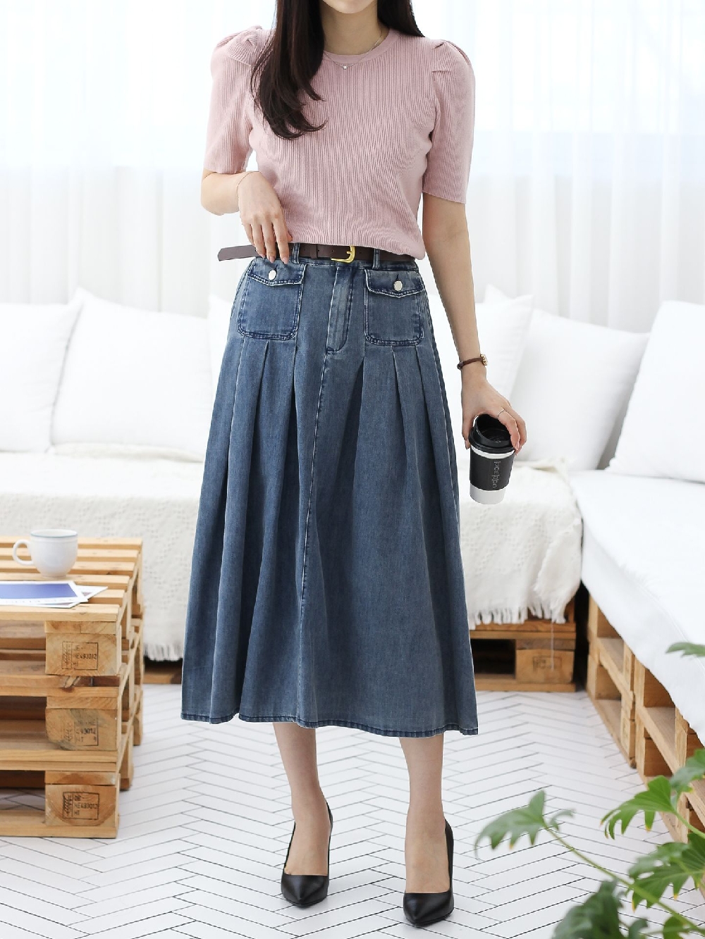 청치마 데님스커트 벨트 앞포켓 A라인 주름 뒷밴딩 롱 스커트 - 상세 이미지 3