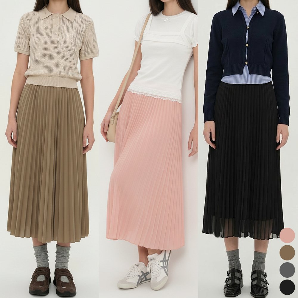 여성 쉬폰주름 플레어 미디 밴딩 스커트 4color - 상품 이미지