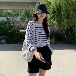 오버핏 슬라브 린넨 스트라이프 티셔츠 썸머 여성 티셔츠 얇은 박스티 여자... 착용 후기 | 사이즈/핏 총정리 - 상품 이미지 1