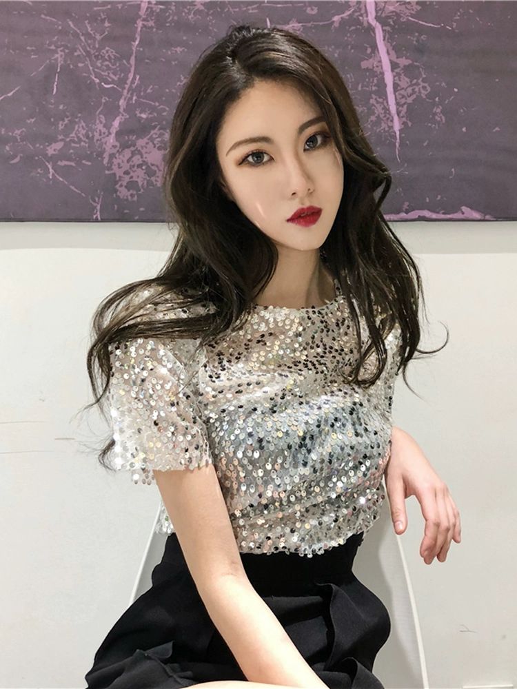 시스루 스팽글 티셔츠 라운드넥 무대의상 반짝이 반팔 S 실버화이트 S - 상세 이미지 2