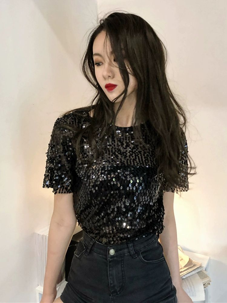 시스루 스팽글 티셔츠 라운드넥 무대의상 반짝이 반팔 S 실버화이트 S - 상세 이미지 4