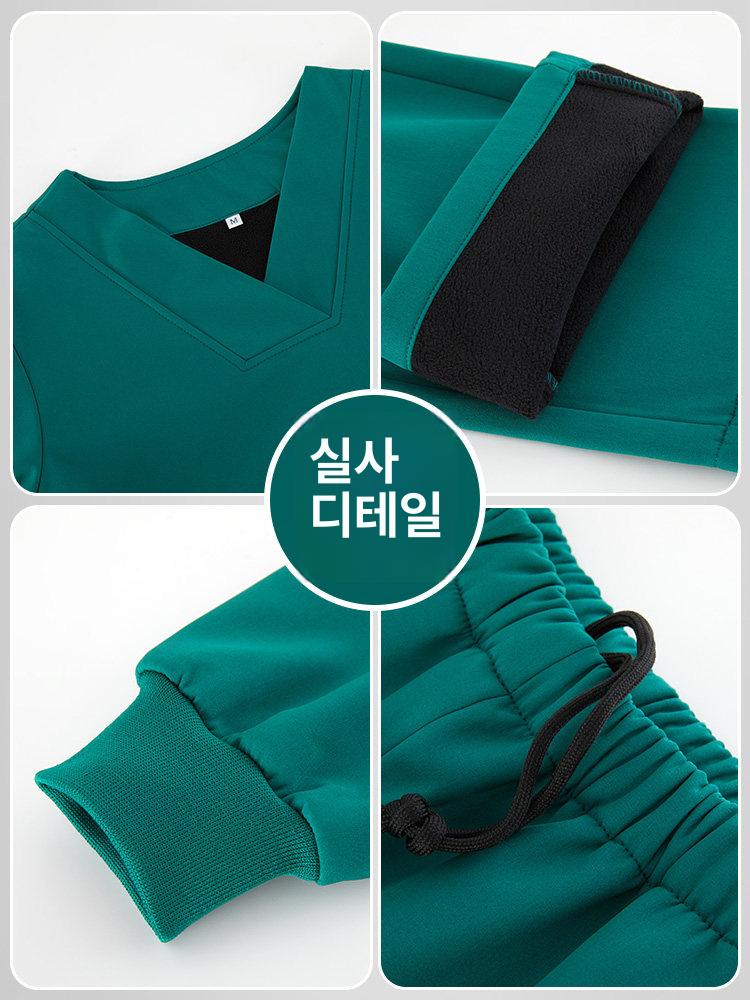 간호사복 세트 긴팔 기모 바지 상의 유니폼 복장 하의 [얇은 스타일] 딥그린 여성 S - 상세 이미지 5