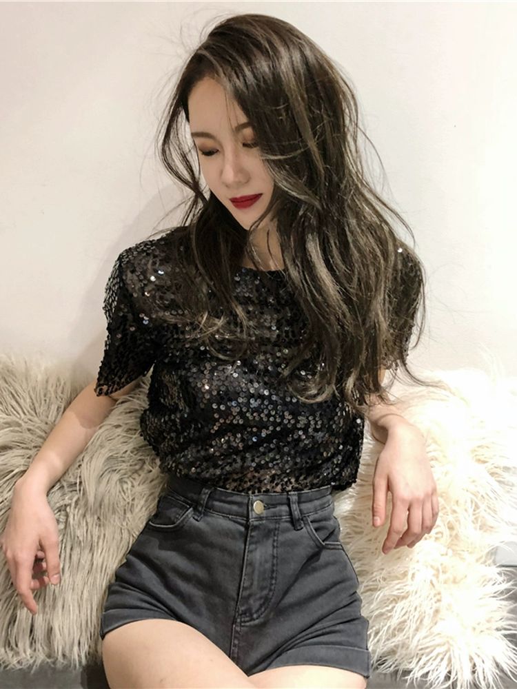 시스루 스팽글 티셔츠 라운드넥 무대의상 반짝이 반팔 S 실버화이트 S - 상세 이미지 5