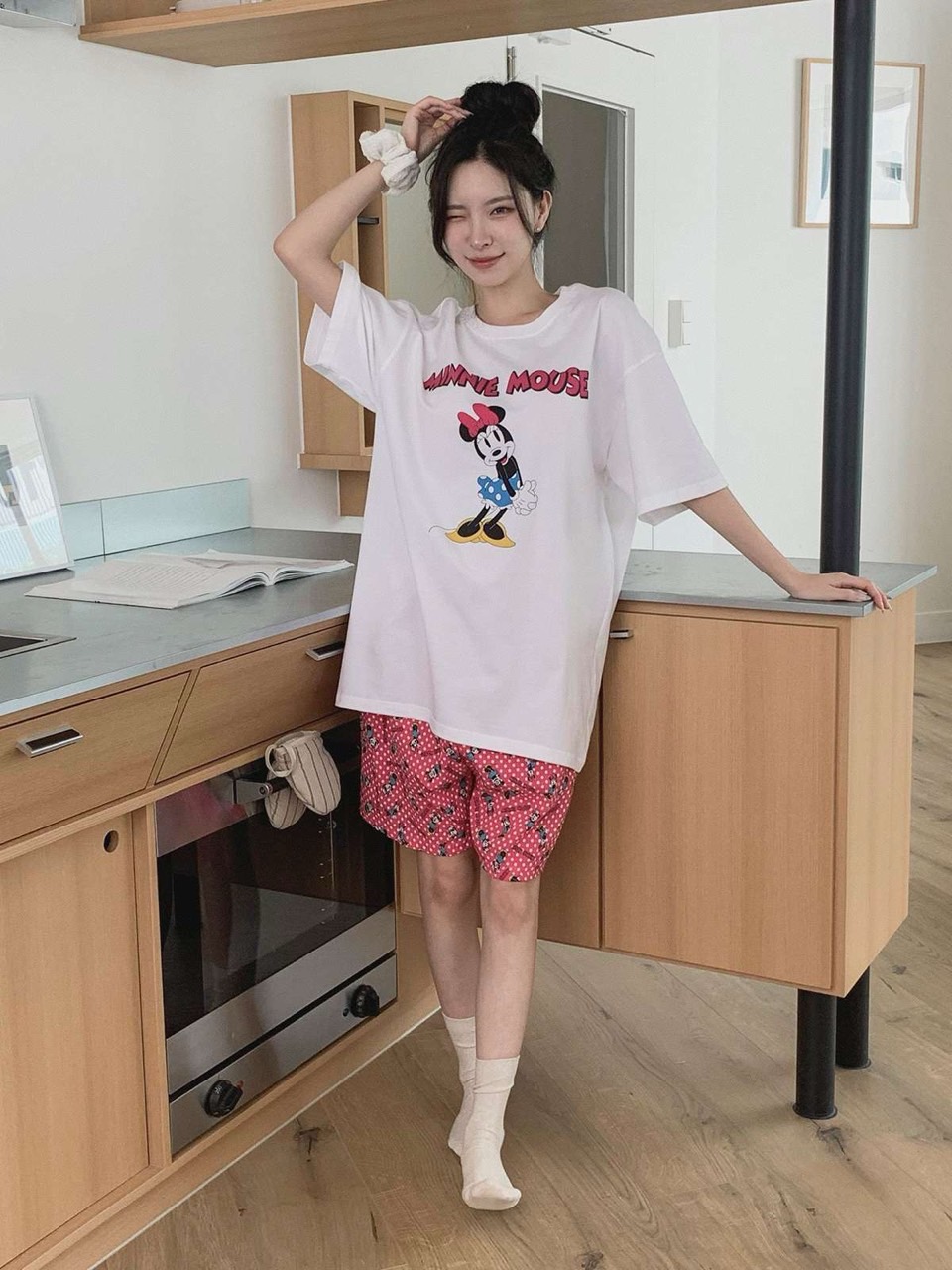 디즈니 도트미니반바지세트 핑크 여자 반바지 여름 파자마 홈웨어 선물 커플 - 상세 이미지 5