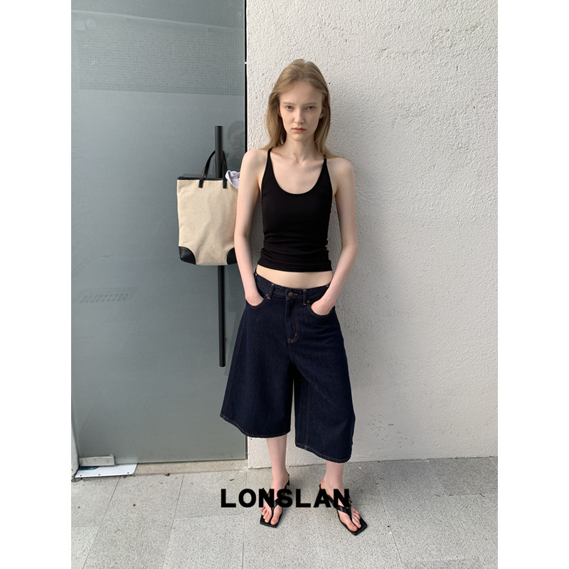 LONSLAN 론슬란 데님 와이드팬츠 버뮤다 7부 청바지 여성 반바지 - 상세 이미지 3
