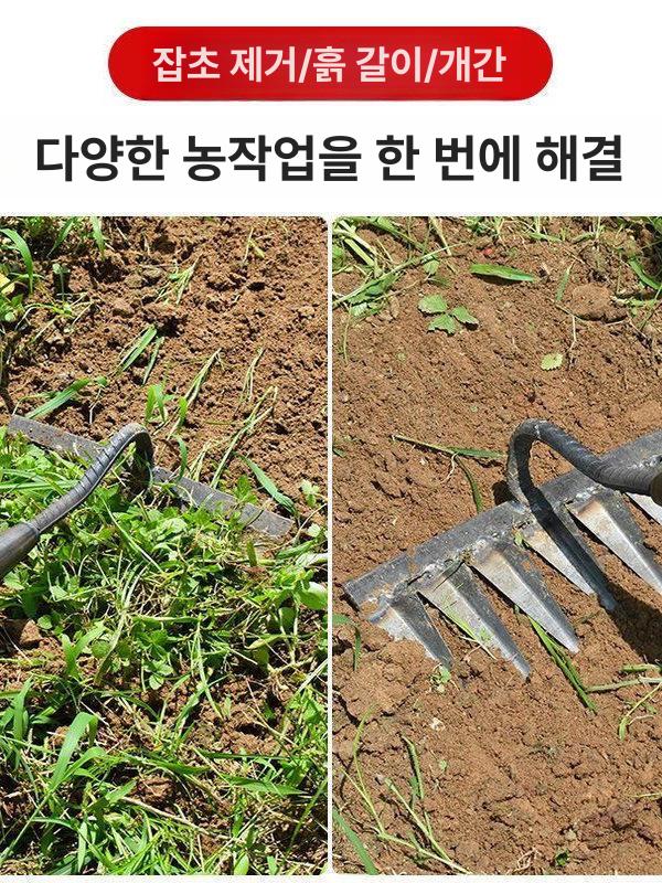 쇠스랑 제초쇠스랑 괭이 강철날 원목자루 날카로운 뾰족한 이빨 다용도 잡초제거 밭갈이 철제 손잡이 짧은 4날 괭이 - 상세 이미지 4