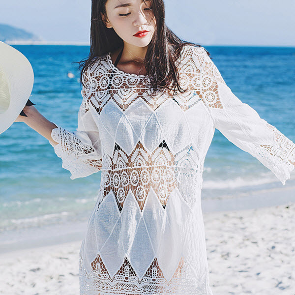 비키니 커버업 여름 펀칭 레이스 시스루 원피스 비치웨어 체형커버 - 상품 이미지