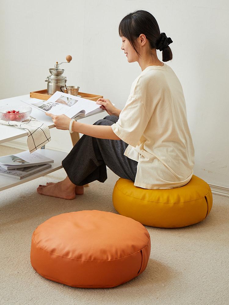 가죽 좌식방석 빈백 EPP패딩 소파 원형 샨란 키높이 글레이즈드옐로우 M 지름 35cm 두께 15cm - 상품 이미지