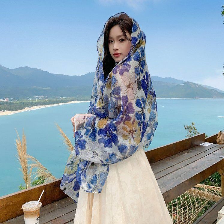 실크 숄 스카프 판쵸 케이프 꽃무늬 여름 여행 여성 망토 - 상품 이미지