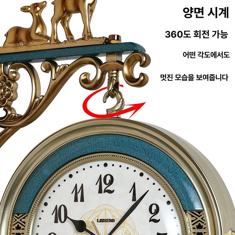 유럽풍 벽걸이 시계 거실 무소음 양면 엔틱 레스토랑 8391 세라믹블루 (사슴) 18inch - 상세 이미지 2