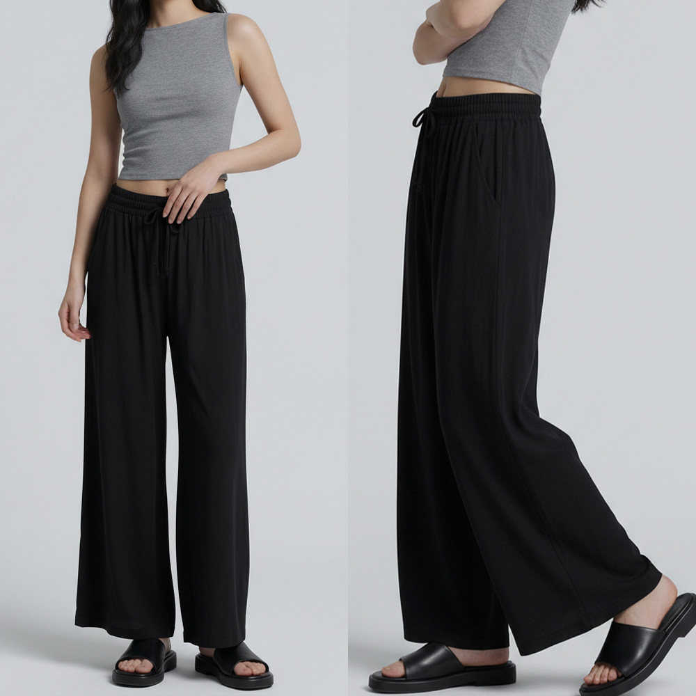 여성 소프트 플레어 밴딩 와이드 롱 팬츠 -2XL 까지 - 상품 이미지