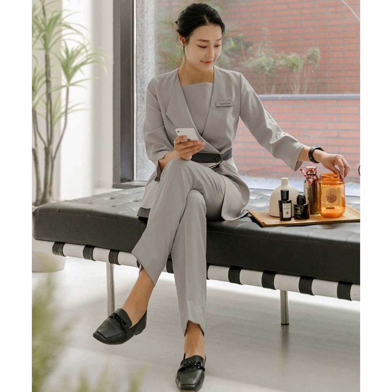 피부관리사가운 마사지사 작업복 의상 단정한 스파 여성용 그레이 상의 + 그레이 바지 S - 상세 이미지 5