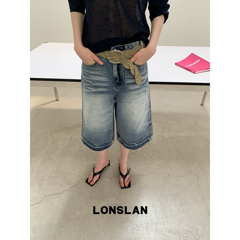 LONSLAN 론슬란 데님 와이드팬츠 버뮤다 7부 청바지 여성 반바지 - 상세 이미지 4