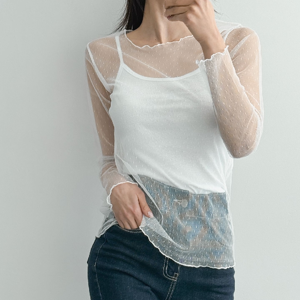 시스루티셔츠 레이어드 도트 망사 레이스 긴팔 티셔츠 - 상품 이미지