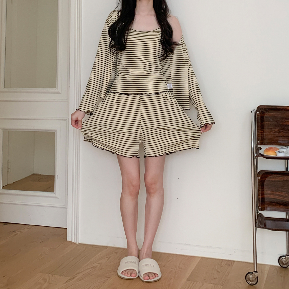 캡내장잠옷 나시잠옷 캡내장홈웨어 긴팔 반바지 봄 여름 스트라이프 이레니 노브라 홈웨어 세트 - 상세 이미지 3