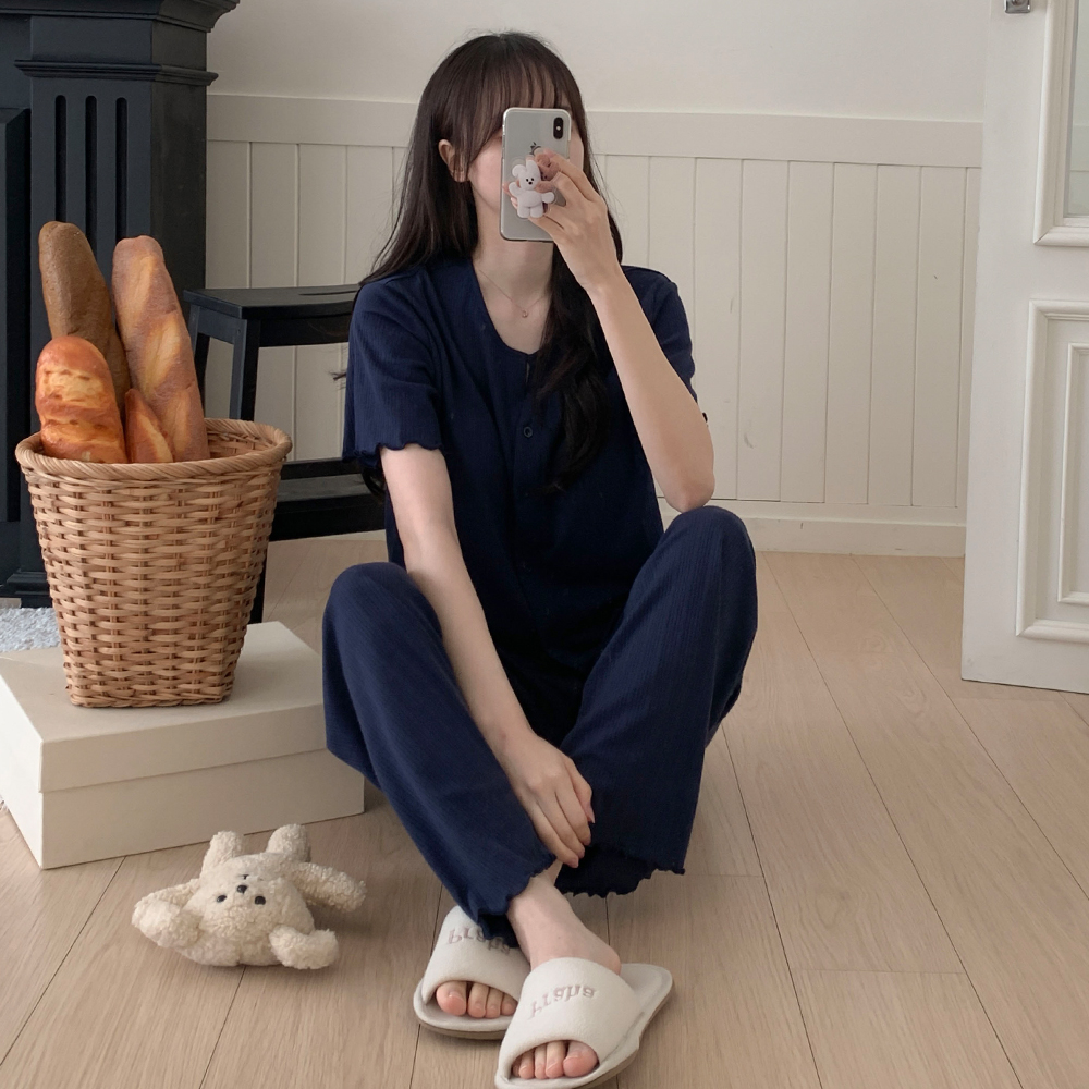 캡내장잠옷 반팔긴바지잠옷 여름파자마 쓰리피스 노아즈 수유 반팔 노카라 홈웨어 세트 이미지 3