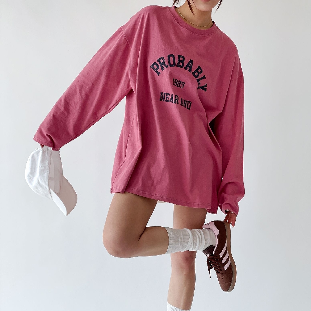 여성 롱티 긴팔티셔츠 레터링 오버핏 박스 면 티셔츠 - 상품 이미지