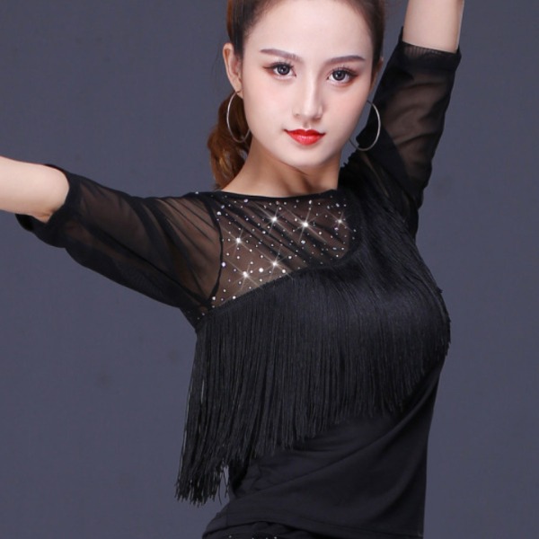 라인댄스복 태슬 상의 시스루 반팔 칠부 라틴댄스 반짝이 왈츠 탱고 자이브 모던 댄스복 - 상세 이미지 3