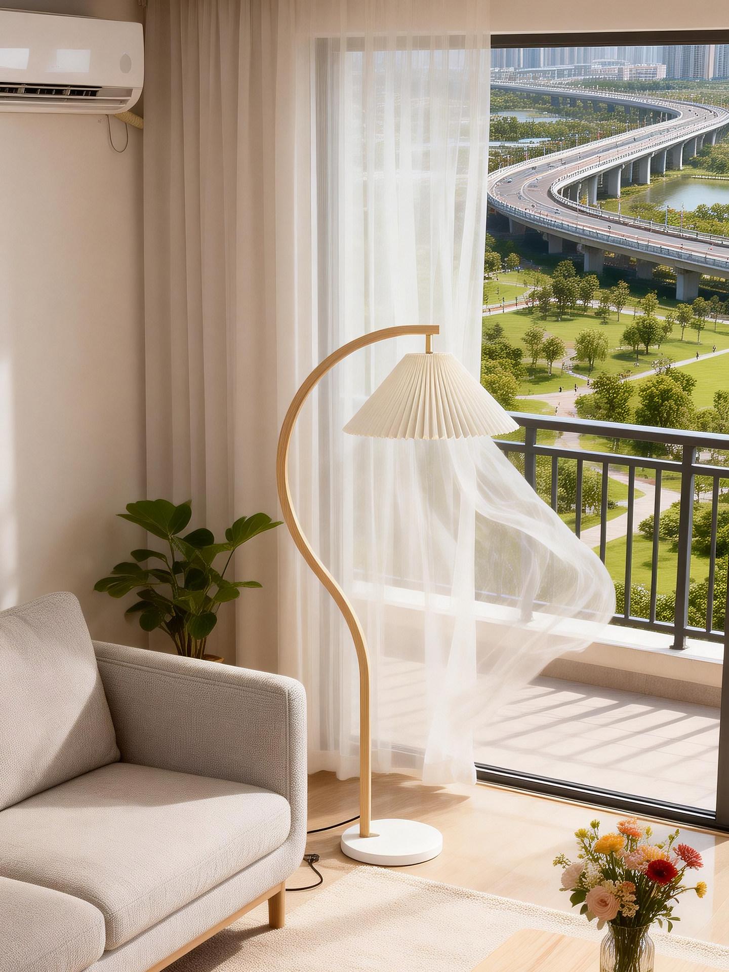 레트로 카페 플리츠 은은한 주름 쉐이드 우아한 웨이브형 내추럴 원목 바디 고급 철제 내추럴우드패턴+베이지옐로우 웜라이트 - 상세 이미지 2
