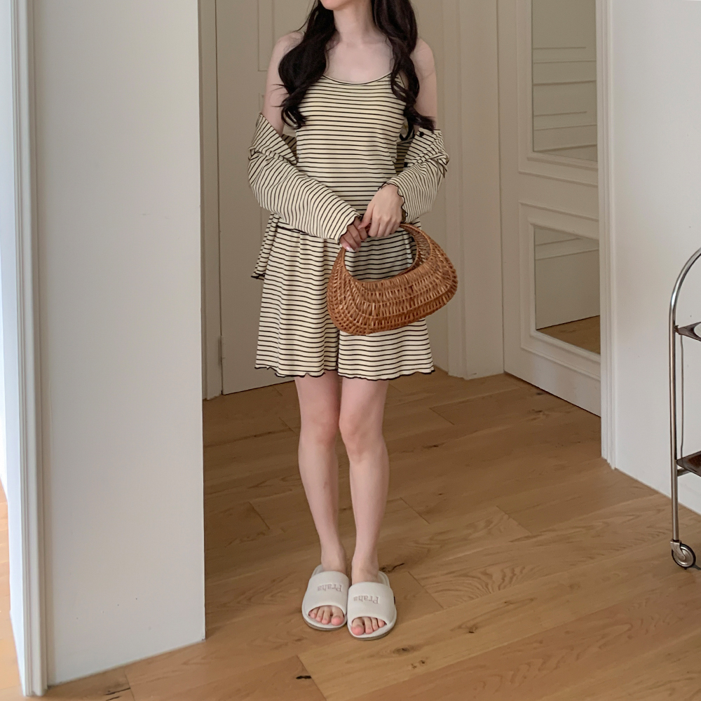캡내장잠옷 나시잠옷 캡내장홈웨어 긴팔 반바지 봄 여름 스트라이프 이레니 노브라 홈웨어 세트 - 상세 이미지 4