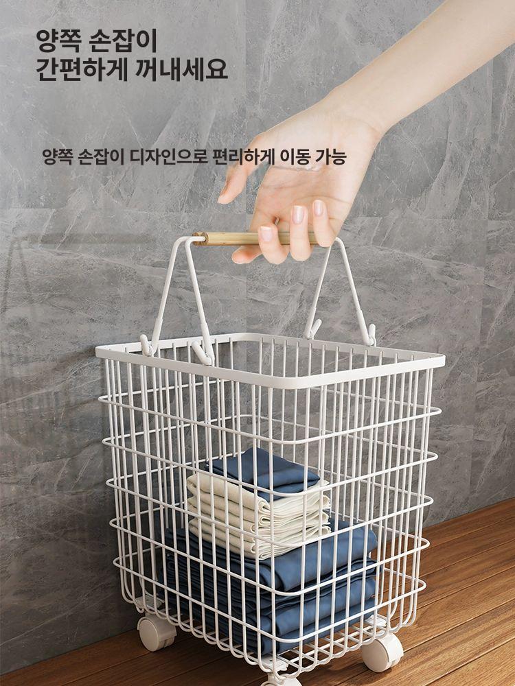 북유럽 세탁 우드 낮은 바구니 빨래바구니 모던 빨래 보관 접이식 쓰레기통 수납 패브릭 - 상세 이미지 4