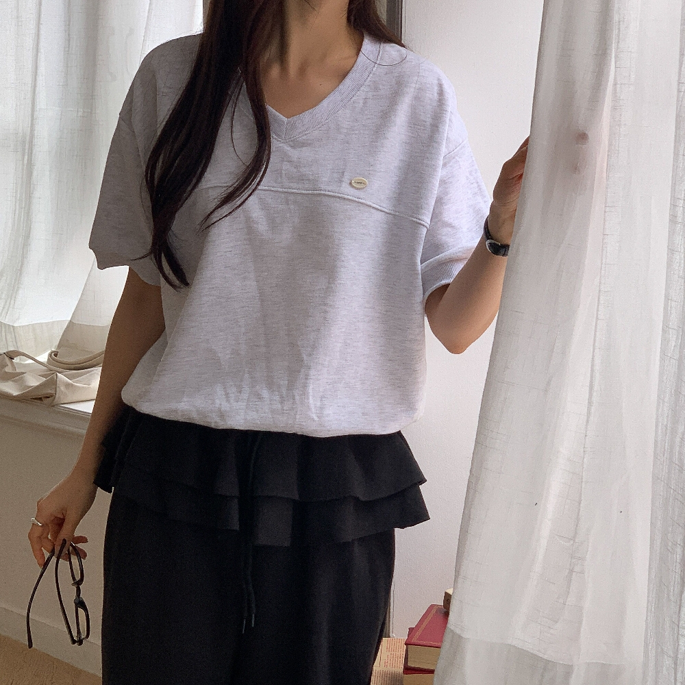브이넥맨투맨 여성반팔맨투맨 세미크롭 무지 루즈핏 반팔 티셔츠 - 상품 이미지