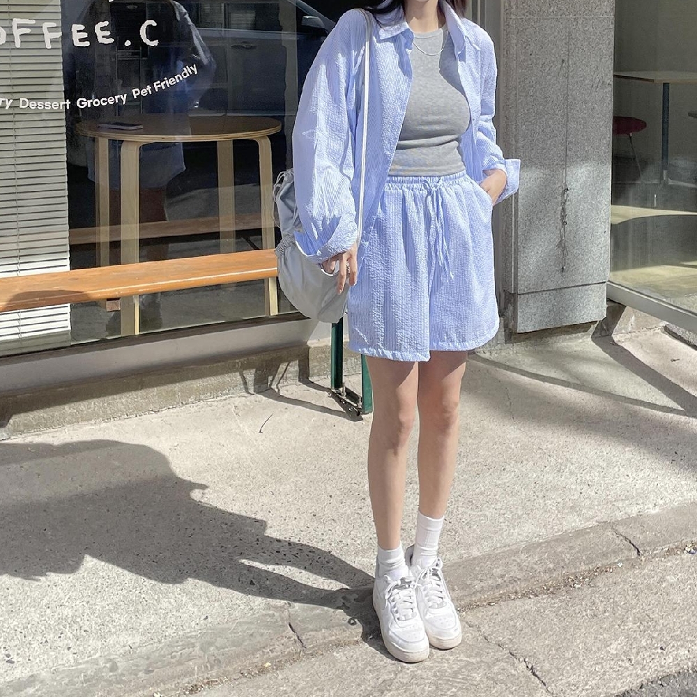 여름 투피스세트 지지미 시어서커 긴팔 셔츠 반바지 휴양지 셋업 꾸안꾸룩 - 상품 이미지