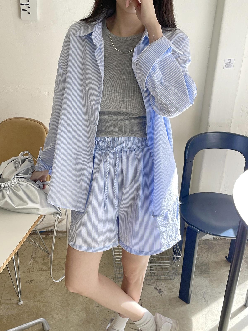 여름 투피스세트 지지미 시어서커 긴팔 셔츠 반바지 휴양지 셋업 꾸안꾸룩 - 상세 이미지 5